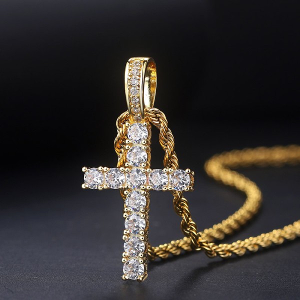 Iced Out Cross Pendant Necklace, Hip Hop Unisex Statement Gold Plated Chain, Wholesale Fashion Jewelry for Men Women