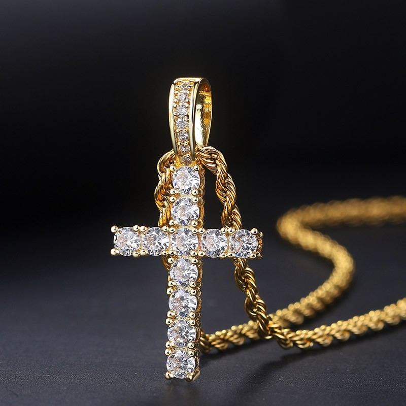 Iced Out Cross Pendant Necklace, Hip Hop Unisex Statement Gold Plated Chain, Wholesale Fashion Jewelry for Men Women