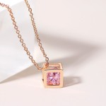 Aesthetic Korean‑Style Cube Pink Cubic Zirconia Charm Choker Necklace for Women, Rose‑Gold‑Tone Pendant Fashion Neck Jewelry