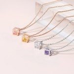 Aesthetic Korean‑Style Cube Pink Cubic Zirconia Charm Choker Necklace for Women, Rose‑Gold‑Tone Pendant Fashion Neck Jewelry