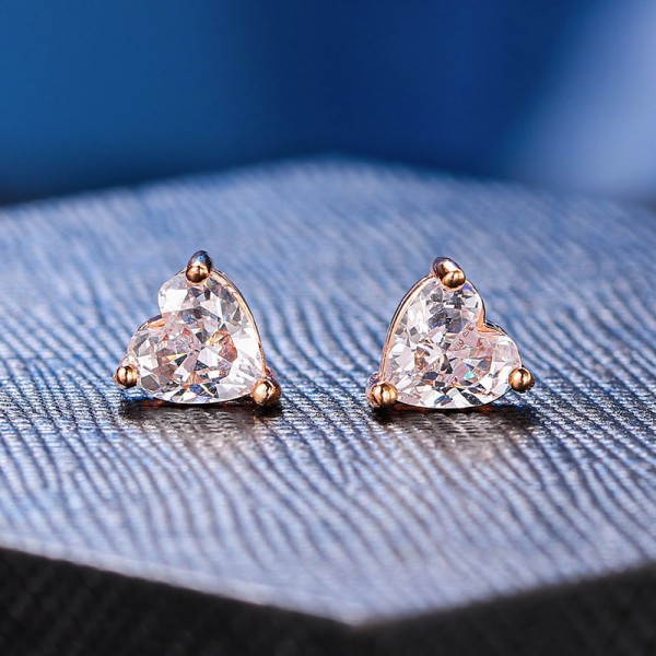 Love Heart Cubic Zirconia Stud Earrings for Women, Korean‑Style Rose‑Gold‑Tone Fashion Ear Accessories Jewelry Gift for Her