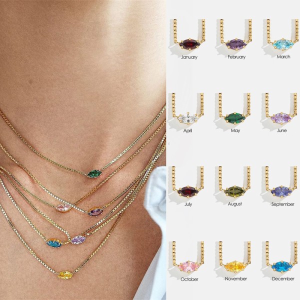 Birthstone Eye‑Shaped Crystal Pendant Choker Necklace for Teen Girls & Women, Korean‑Style Gold‑Tone Fashion Jewelry Birthday Gift