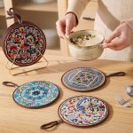 Vintage New Chinese Style Ceramic Coaster Heat Resistant Insulating Dinner Mat With Cork Base And Hanging Rope