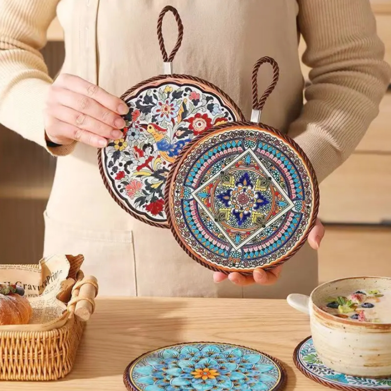 Vintage New Chinese Style Ceramic Coaster Heat Resistant Insulating Dinner Mat With Cork Base And Hanging Rope