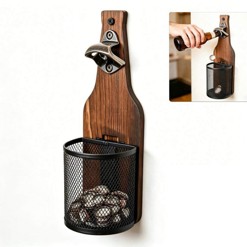Wall‑Mounted Wooden Beer Bottle Opener With Mesh Cap Catcher Rustic Opener For Home Bar Kitchen Outdoor Use
