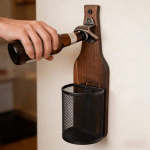 Wall‑Mounted Wooden Beer Bottle Opener With Mesh Cap Catcher Rustic Opener For Home Bar Kitchen Outdoor Use