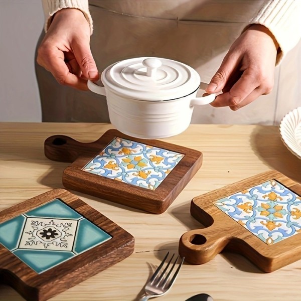 Floral Wooden Trivet High‑Temperature Resistant Insulation Pot Pad Vintage Kitchen Dining Table Mat