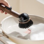 Wood Grain Suction‑Cup Self‑Standing Pot Brush Long Handle Non‑Scratch Liquid Dispensing Kitchen Scrubber