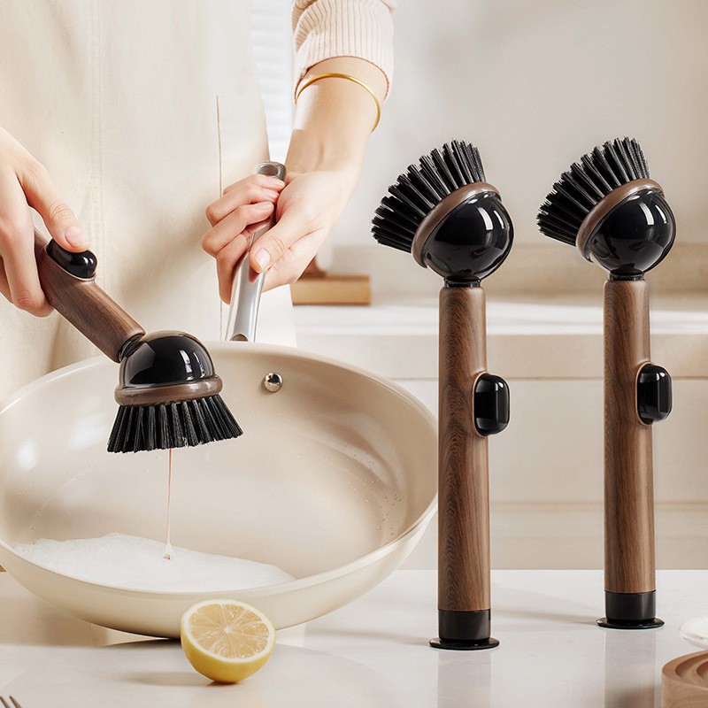 Wood Grain Suction‑Cup Self‑Standing Pot Brush Long Handle Non‑Scratch Liquid Dispensing Kitchen Scrubber