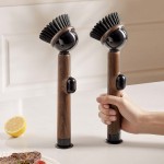 Wood Grain Suction‑Cup Self‑Standing Pot Brush Long Handle Non‑Scratch Liquid Dispensing Kitchen Scrubber