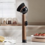 Wood Grain Suction‑Cup Self‑Standing Pot Brush Long Handle Non‑Scratch Liquid Dispensing Kitchen Scrubber
