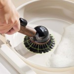 Wood Grain Suction‑Cup Self‑Standing Pot Brush Long Handle Non‑Scratch Liquid Dispensing Kitchen Scrubber