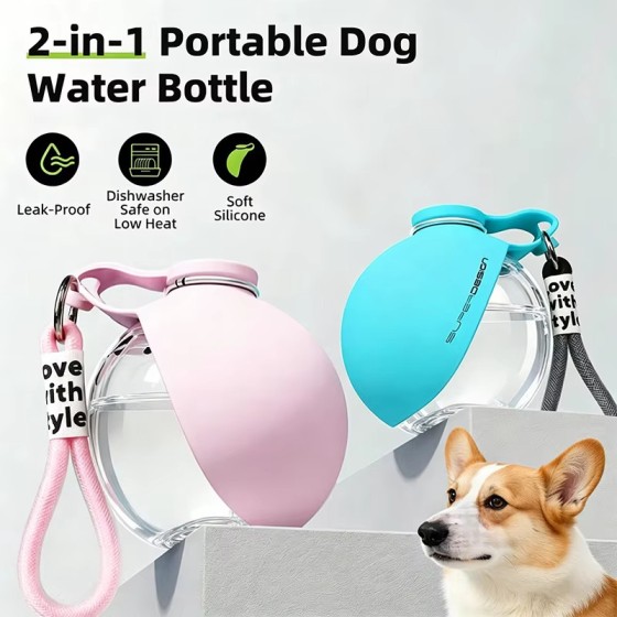 Portable Dog Water Bottle, 285ML Outdoor Travel Pet Drinking Bowl with Hanging Lanyard, Leak-proof Puppy Water Feeder for Walking