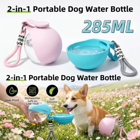 Portable Dog Water Bottle, 285ML Outdoor Travel Pet Drinking Bowl with Hanging Lanyard, Leak-proof Puppy Water Feeder for Walking