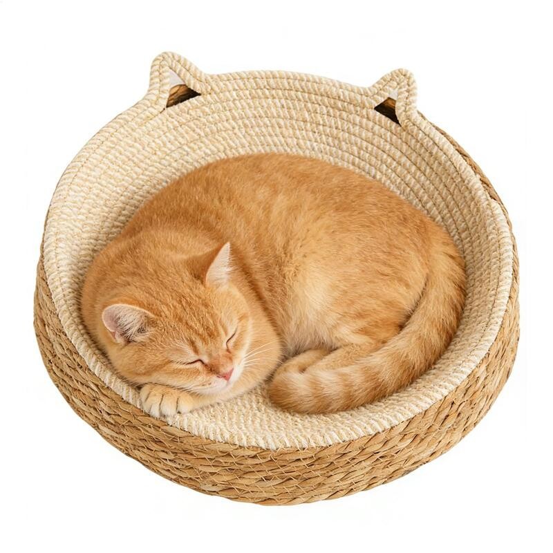 Cat Bed Sofa with Scratch Board, Natural Rattan Weave Pet Sleeping Bed for Cats and Dogs, Wear-Resistant Pet House