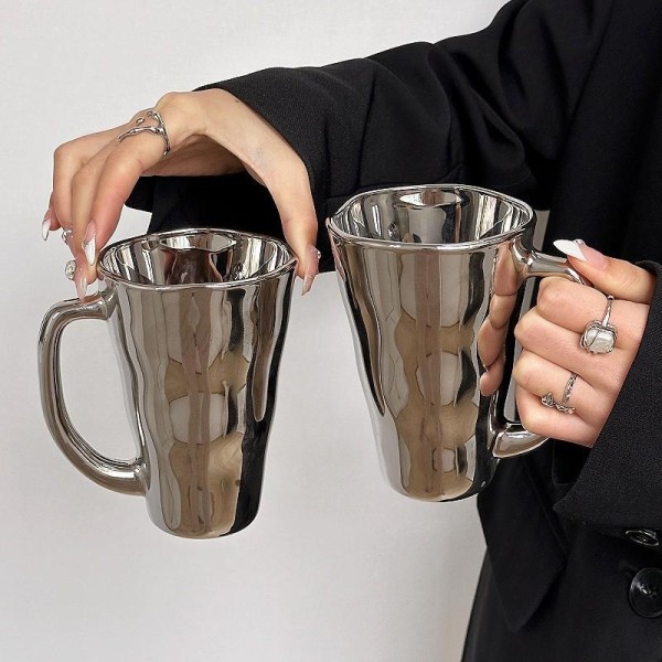 Creative Silver Mug with Handle, Modern Simple Ceramic Coffee Cup, Unique Irregular Shape Milk Water Cup for Home Office Drinkware Gift