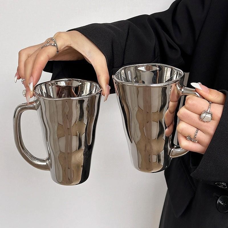 Creative Silver Mug with Handle, Modern Simple Ceramic Coffee Cup, Unique Irregular Shape Milk Water Cup for Home Office Drinkware Gift