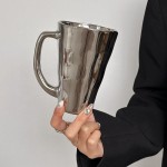Creative Silver Mug with Handle, Modern Simple Ceramic Coffee Cup, Unique Irregular Shape Milk Water Cup for Home Office Drinkware Gift