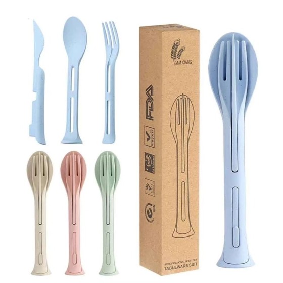 3Pcs Portable Tableware Set, 3 in 1 Detachable Picnic Dinnerware, Reusable Lightweight Camping Utensils with Fork Spoon Knife for Travel Outdoor