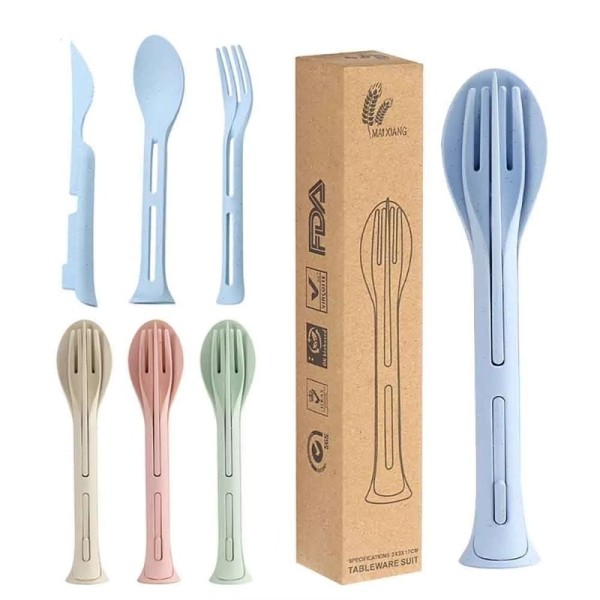 3Pcs Portable Tableware Set, 3 in 1 Detachable Picnic Dinnerware, Reusable Lightweight Camping Utensils with Fork Spoon Knife for Travel Outdoor
