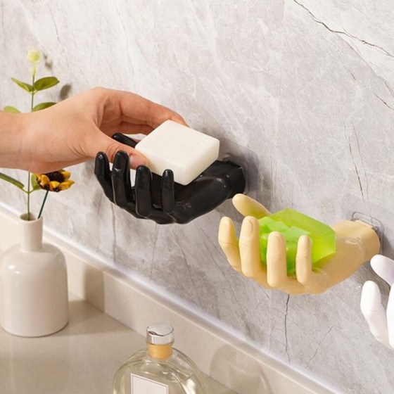 Creative Hand Shape Soap Dish, Wall Mounted Soap Holder with Drainage, Decorative Resin Soap Tray for Bathroom Kitchen, Self-Adhesive Soap Saver