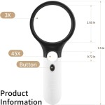 Magnifying Glass with LED Light, 3X 45X Handheld Magnifier with Light, Illuminated Reading Magnifier for Seniors, Jewelry Inspection, Coins and Hobby