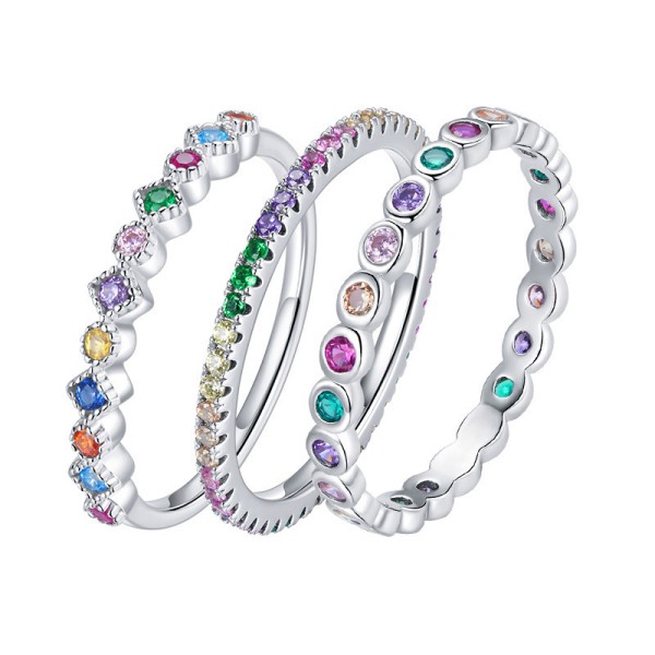 Simple Thin Dainty Ring for Women, Colorful Round Zircon Silver, Stacking Pinky Ring, Fashion Jewelry KCR039
