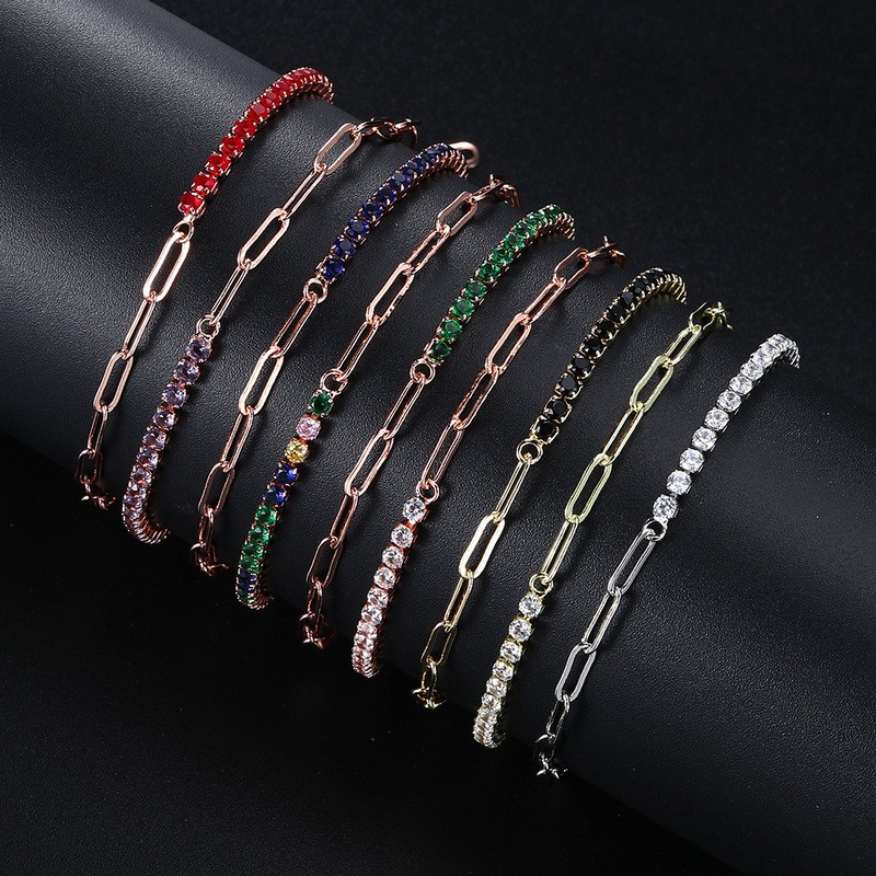 2.5mm Zircon Tennis Bracelet for Women, Asymmetric Paper Clip Chain, Kpop Hand Bracelet, Luxury Jewelry KCH078