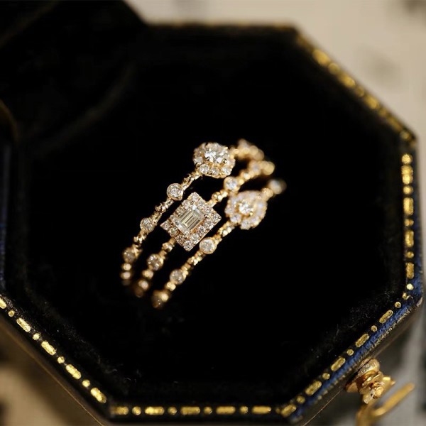 Trendy Korean Women Dainty Ring, Concise Geometry Zirconia Gold Color Stacking Rings, Crystal Jewelry R742