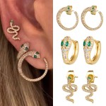Iced Out Snake Earrings for Women, Ins Trend Green Eye Zircon Gold Color Hyperbole Ear Hoops, Girls Cartilage Accessories KCE258