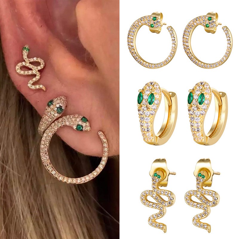 Iced Out Snake Earrings for Women, Ins Trend Green Eye Zircon Gold Color Hyperbole Ear Hoops, Girls Cartilage Accessories KCE258