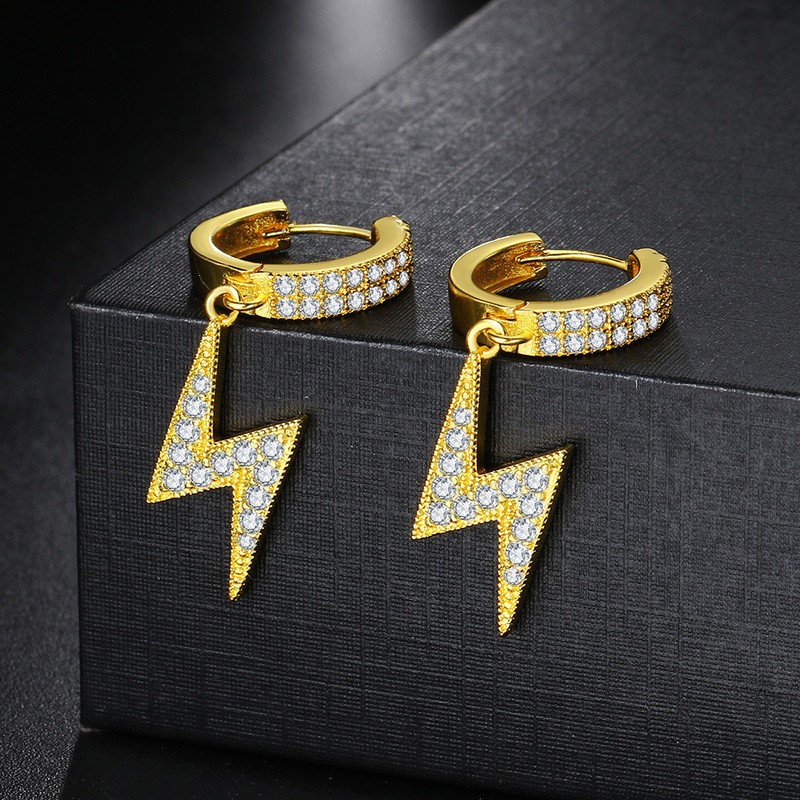 Hip Hop Drop Earrings for Women, Cubic Zirconia Iced Out Lightning Pendant Ear Accessories, Hippie Jewelry OHE032