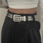 Y2K Women Rhinestone Belt, Fashion Solid Print Studded Full Rhinestone PU Leather Belt, Bling Crystal Adjustable Glitter Waistband for Club Party