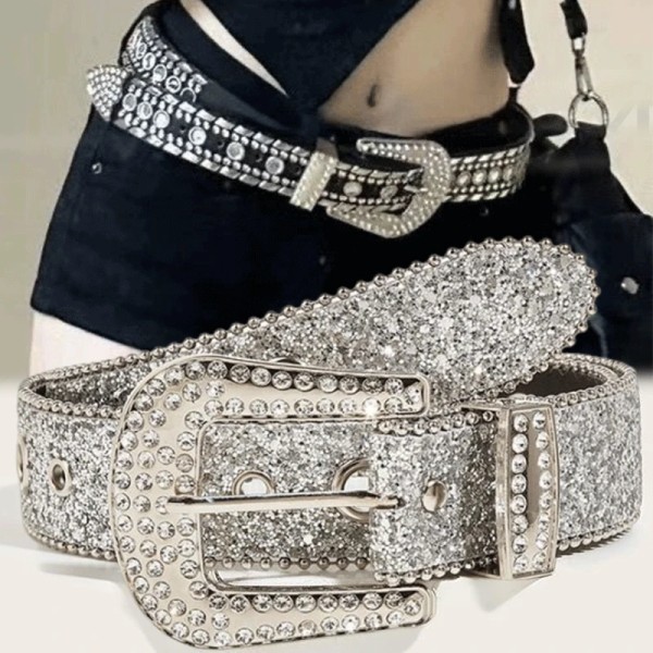 Y2K Women Rhinestone Belt, Fashion Solid Print Studded Full Rhinestone PU Leather Belt, Bling Crystal Adjustable Glitter Waistband for Club Party