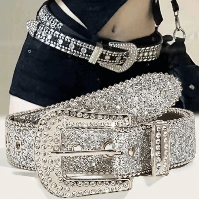 Y2K Women Rhinestone Belt, Fashion Solid Print Studded Full Rhinestone PU Leather Belt, Bling Crystal Adjustable Glitter Waistband for Club Party