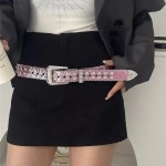 Y2K Women Rhinestone Belt, Fashion Solid Print Studded Full Rhinestone PU Leather Belt, Bling Crystal Adjustable Glitter Waistband for Club Party