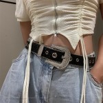 Y2K Women Rhinestone Belt, Fashion Solid Print Studded Full Rhinestone PU Leather Belt, Bling Crystal Adjustable Glitter Waistband for Club Party