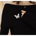 French Women Zircon Butterfly Pearl Brooch, Luxury Full Rhinestone Insect Lapel Pins, Elegant Temperament Jewelry Gift Broach