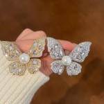 French Women Zircon Butterfly Pearl Brooch, Luxury Full Rhinestone Insect Lapel Pins, Elegant Temperament Jewelry Gift Broach