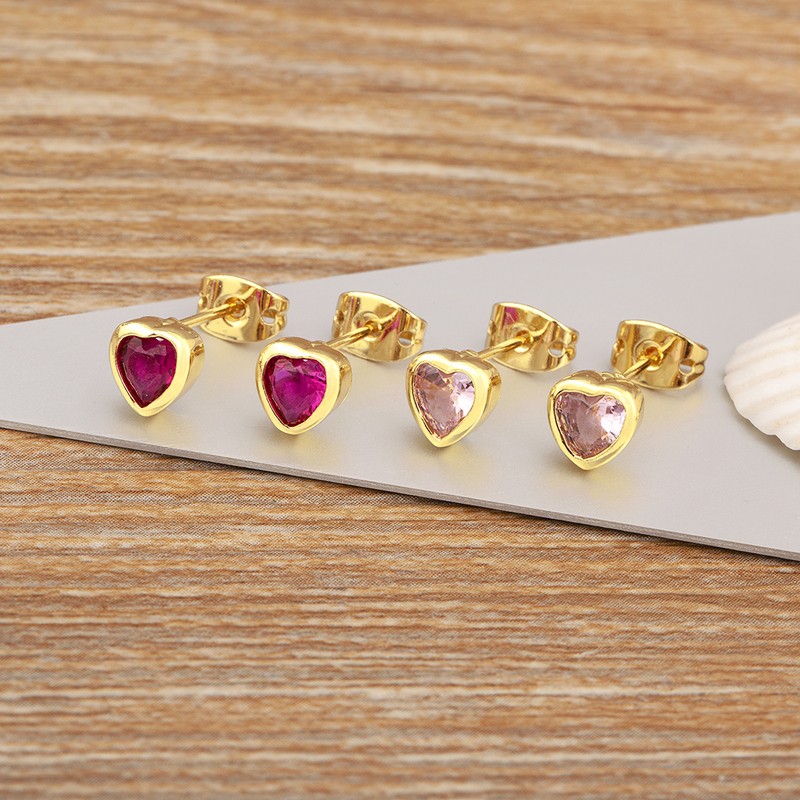 Romantic Heart Shape Inlaid Zircon Charm Stud Earrings for Women 5 Colors Jewelry Gift