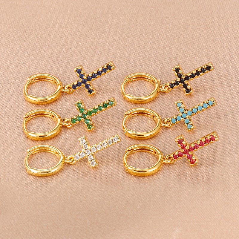 Fashion French Design Cross Zircon Pendant Earrings For Woman 14K Gold Plated Jewelry