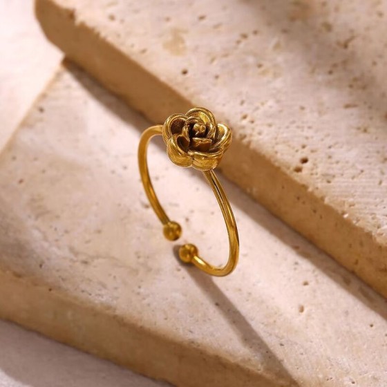 Stainless Steel Rose Flower Open Adjustable Rings for Women Gold Silvery Fashion Charm Jewelry