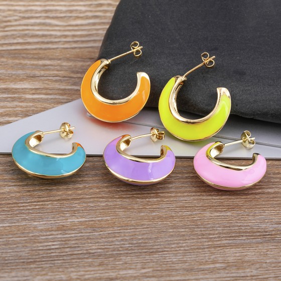 New Luxury Enamel Oil Dripping Moon Shaped Gold Plated Earrings Simple Design Women Jewelry