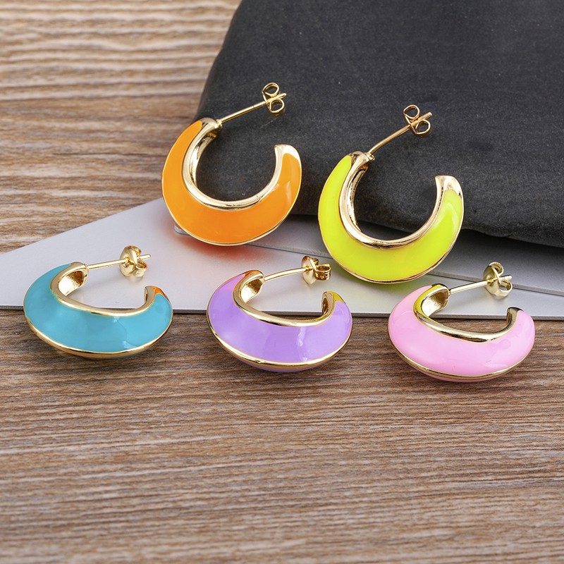 New Luxury Enamel Oil Dripping Moon Shaped Gold Plated Earrings Simple Design Women Jewelry