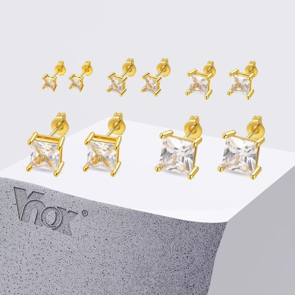 Vnox Square Crystal Stud Earrings for Women, Silver or Gold