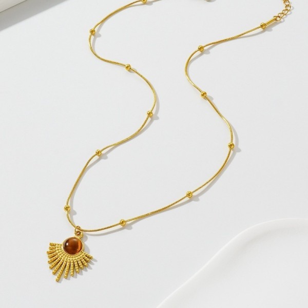 Retro Gold Stainless Steel Brown Stone Pendant Necklace for Women