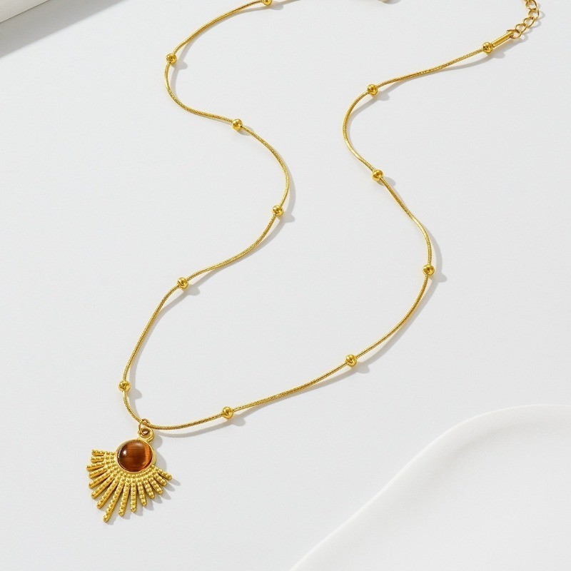 Retro Gold Stainless Steel Brown Stone Pendant Necklace for Women