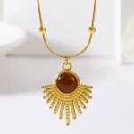 Retro Gold Stainless Steel Brown Stone Pendant Necklace for Women