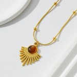Retro Gold Stainless Steel Brown Stone Pendant Necklace for Women