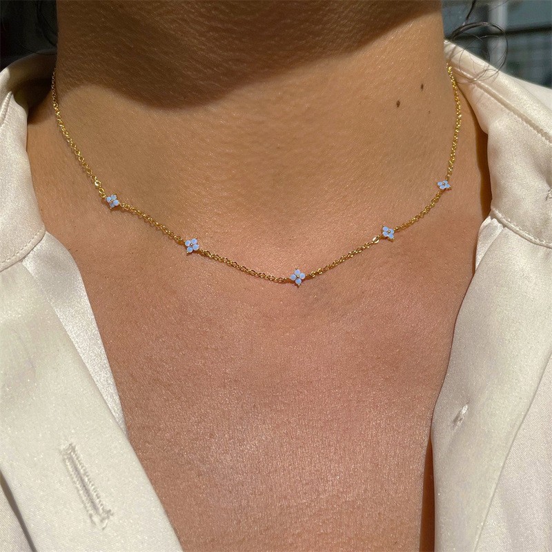 Crystal Clover Choker Necklace for Women Gold Thin Chain Blue Flower